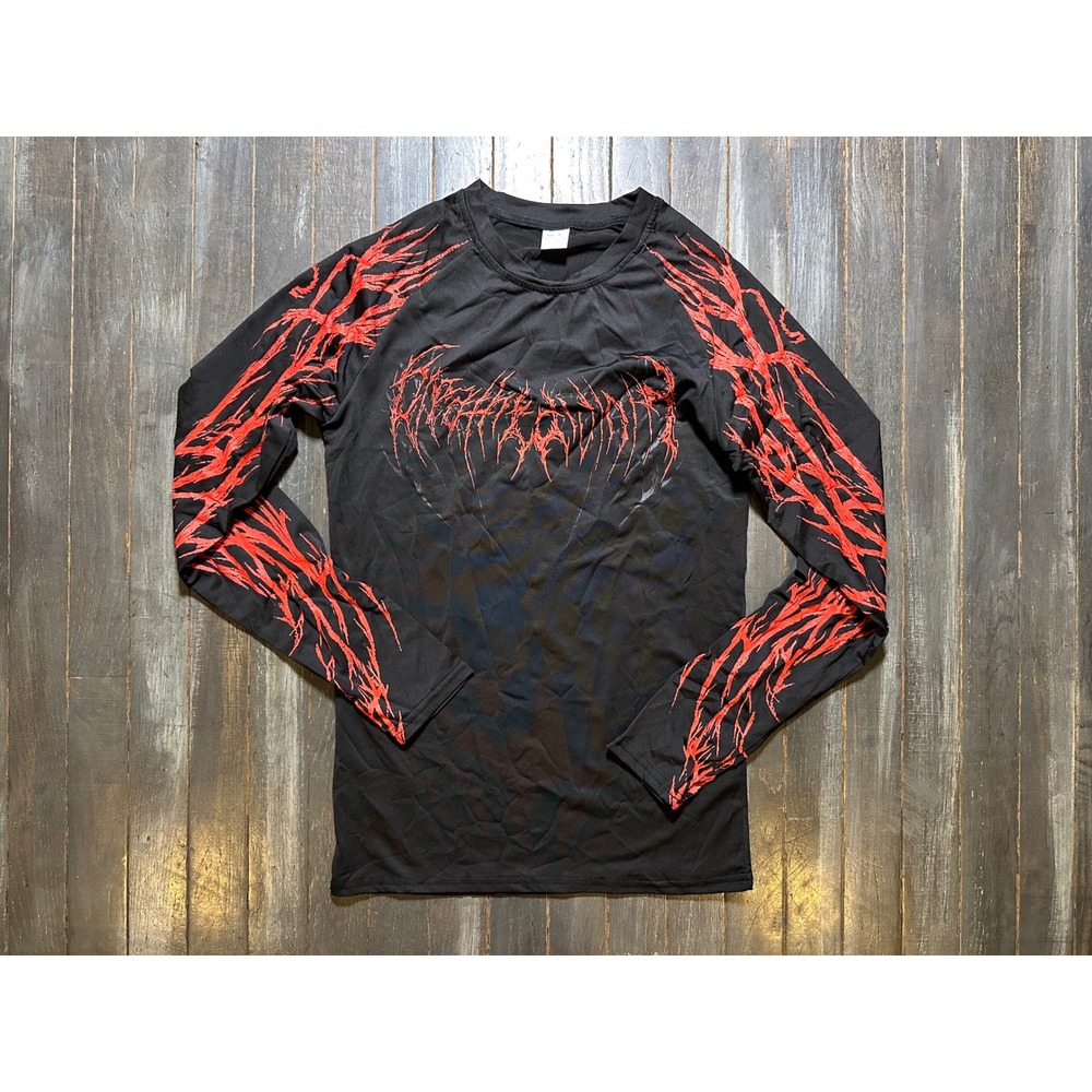 Mens Black Red Death Metal Graphic Long Sleeve Raglan Performance Shirt